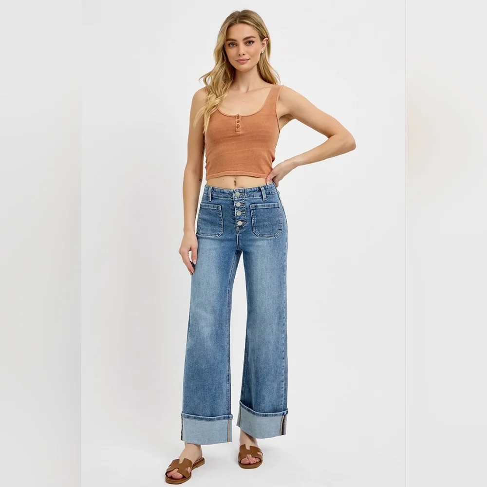 Risen HR Medium Wash Button Fly Patch Pocket Cuffed Wide Leg Jeans Various NEW - Picture 1 of 6